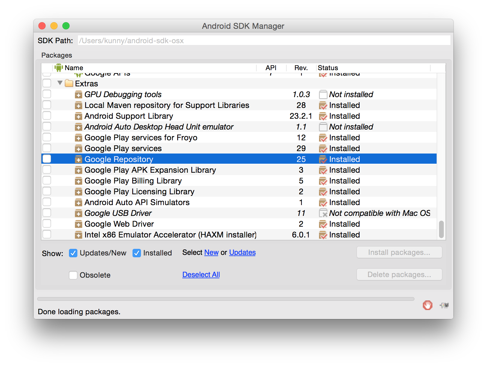 SDK Manager - Google Repository