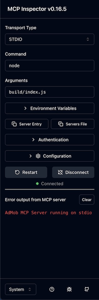 MCP Inspector connected to the server