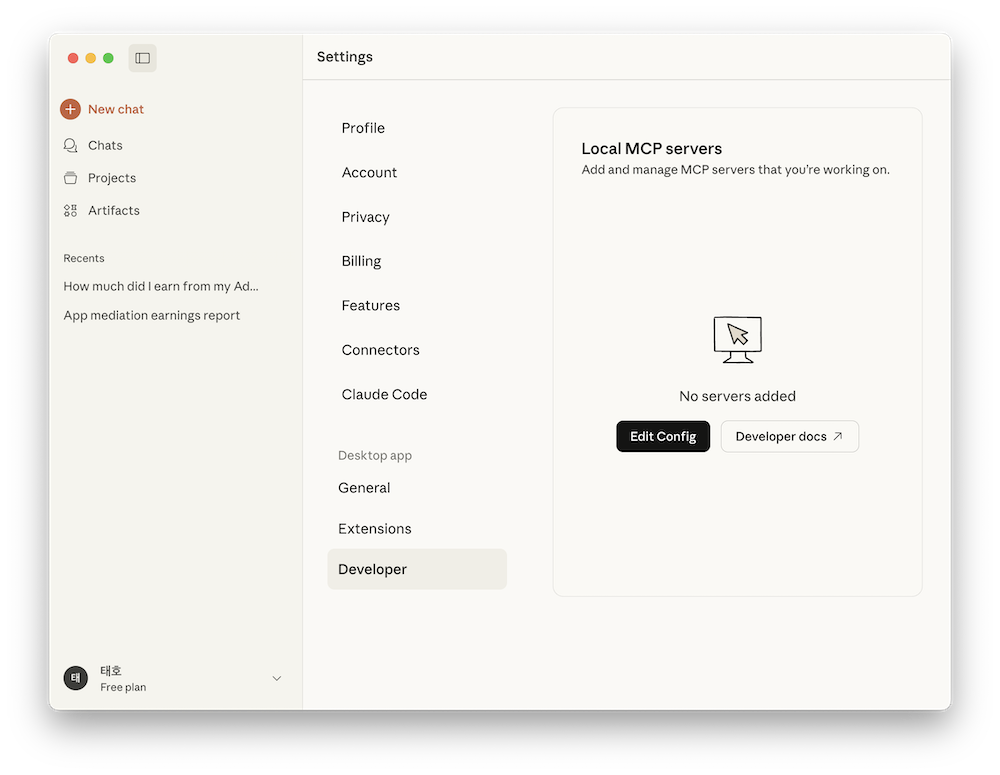Cluade Desktop Settings > Develoeprs
